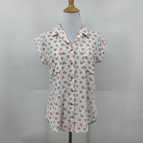 Jachs Girlfriend New York Blouse Womens XS Extra Small White Floral Button Front - Picture 2 of 12